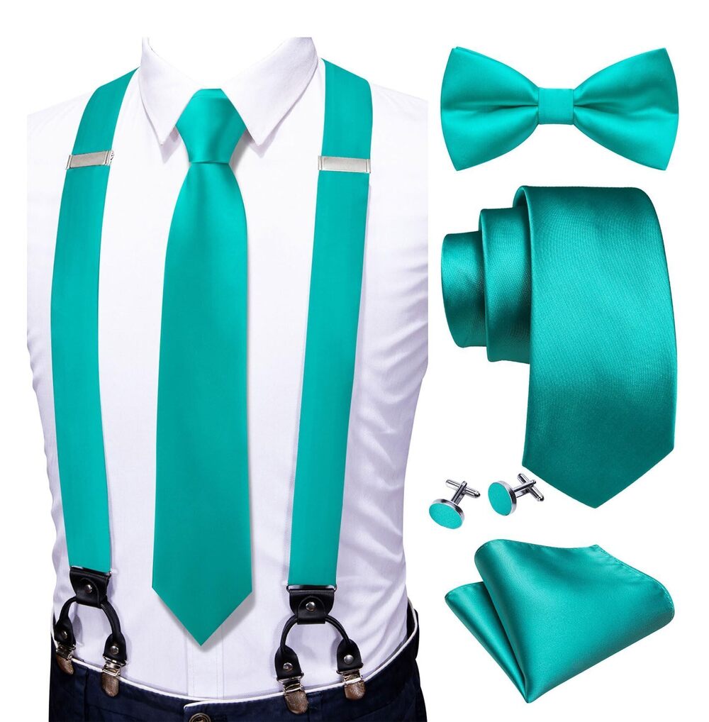 2683 Solid Suspenders Bowtie Necktie 6 Clips Strength Adjustable Y Braces